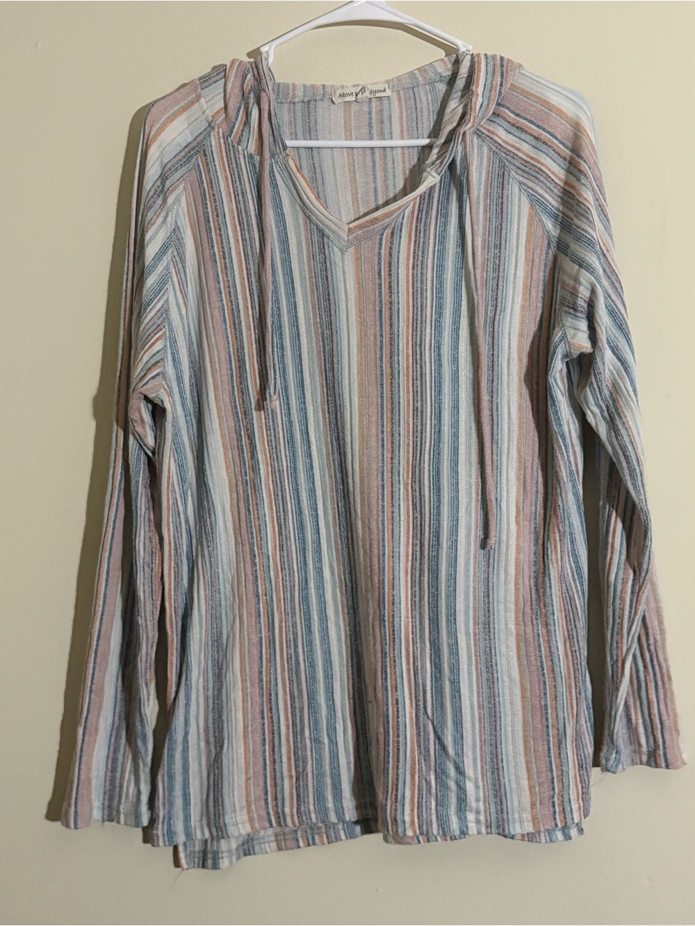 Above And Beyond Women’s Drawstrings Hood Size XL Blue Ribbed Shirt Top Pullover